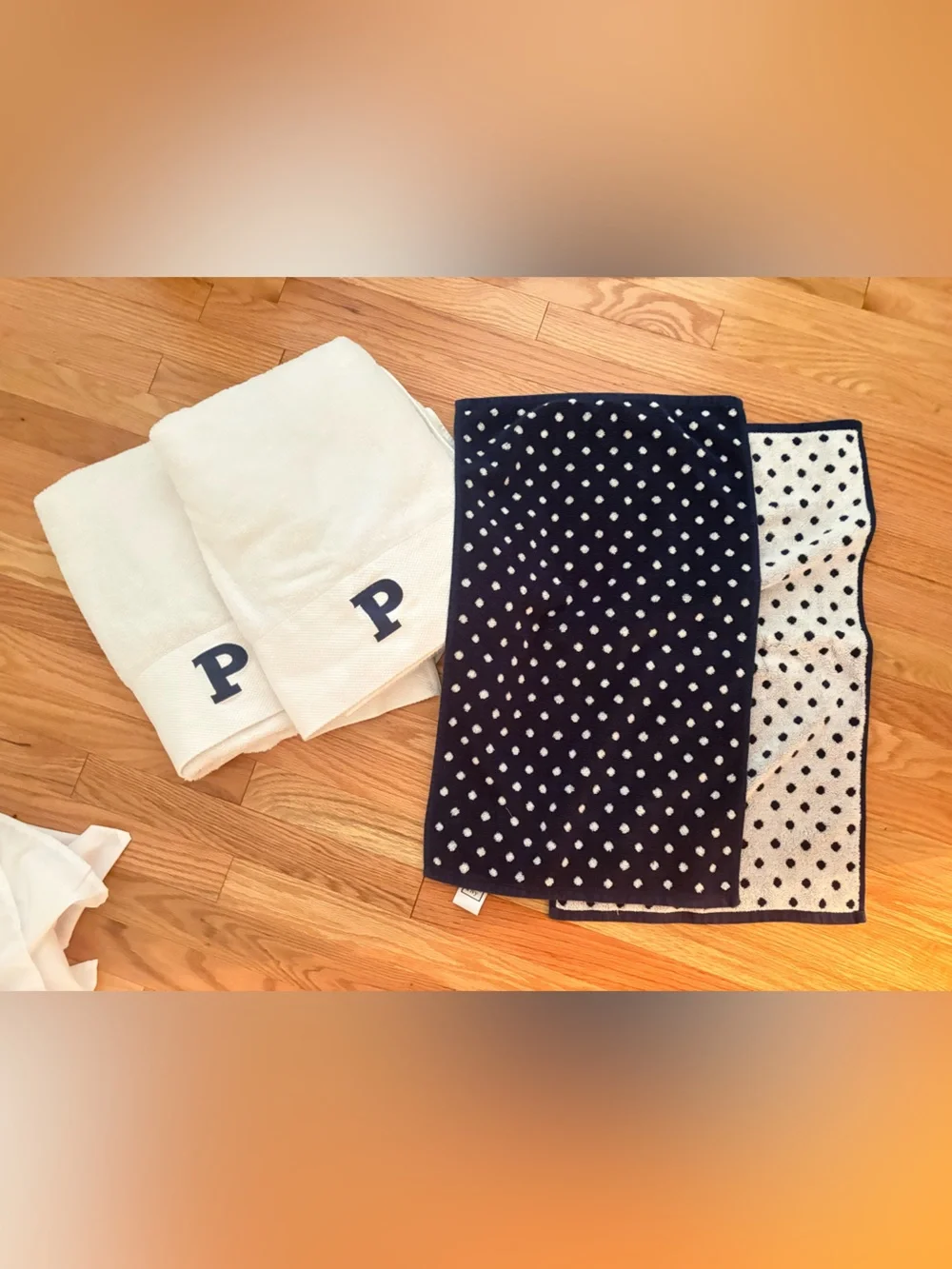 Monogrammed White 'P' Towels & Navy Polka Dot Towels Set